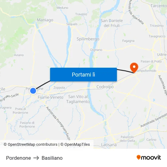 Pordenone to Basiliano map