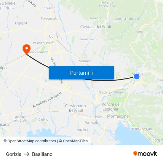 Gorizia to Basiliano map