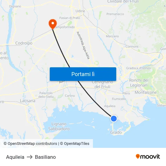 Aquileia to Basiliano map