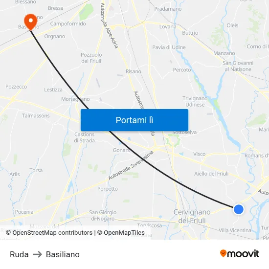 Ruda to Basiliano map