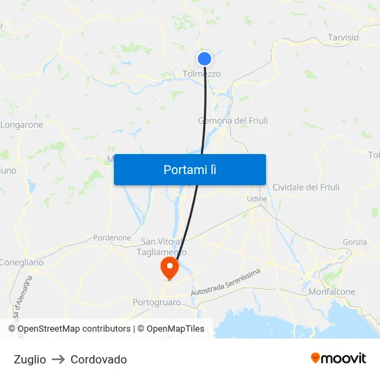 Zuglio to Cordovado map