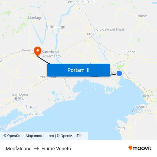 Monfalcone to Fiume Veneto map