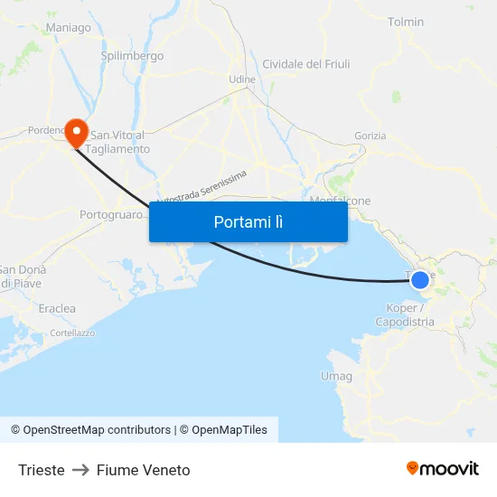 Trieste to Fiume Veneto map