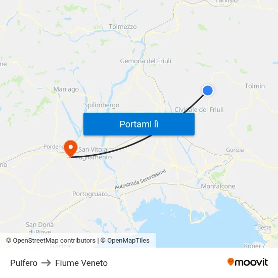 Pulfero to Fiume Veneto map