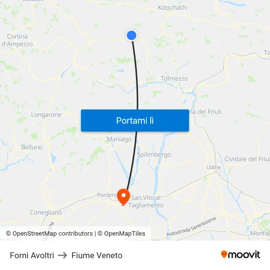 Forni Avoltri to Fiume Veneto map