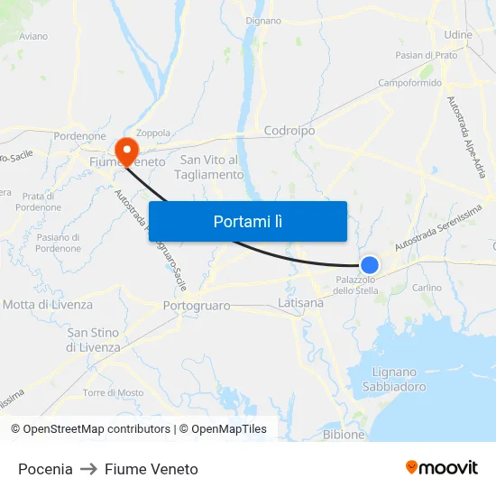 Pocenia to Fiume Veneto map