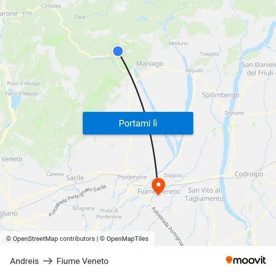 Andreis to Fiume Veneto map