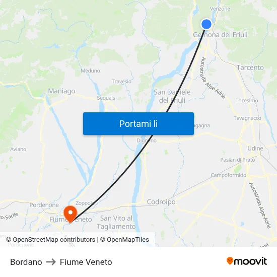 Bordano to Fiume Veneto map