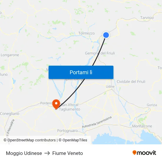 Moggio Udinese to Fiume Veneto map