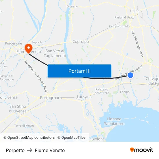 Porpetto to Fiume Veneto map