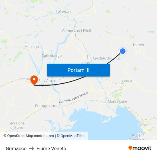 Grimacco to Fiume Veneto map