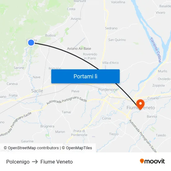 Polcenigo to Fiume Veneto map
