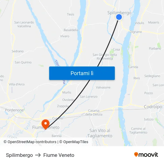 Spilimbergo to Fiume Veneto map