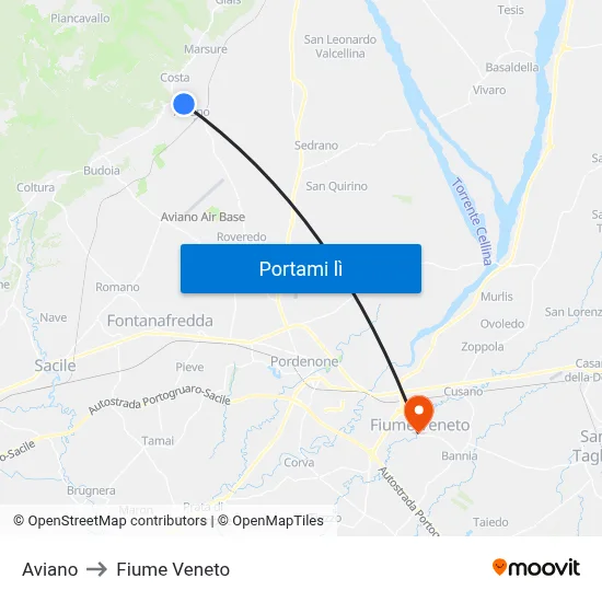 Aviano to Fiume Veneto map