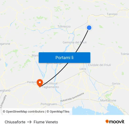 Chiusaforte to Fiume Veneto map