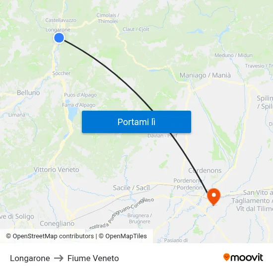Longarone to Fiume Veneto map