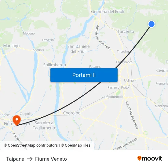 Taipana to Fiume Veneto map