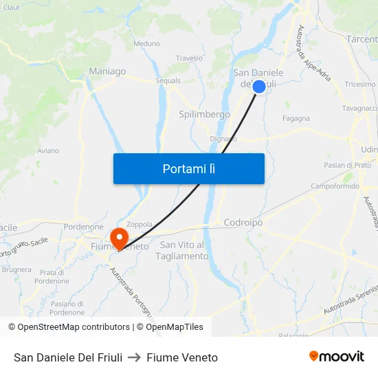 San Daniele Del Friuli to Fiume Veneto map