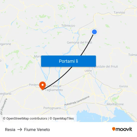 Resia to Fiume Veneto map