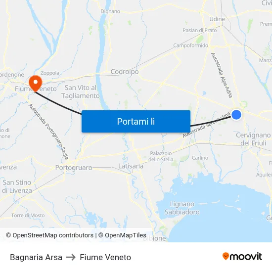 Bagnaria Arsa to Fiume Veneto map