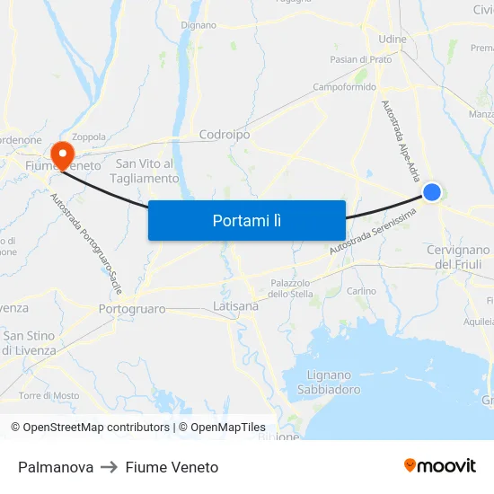 Palmanova to Fiume Veneto map