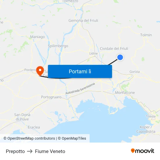 Prepotto to Fiume Veneto map