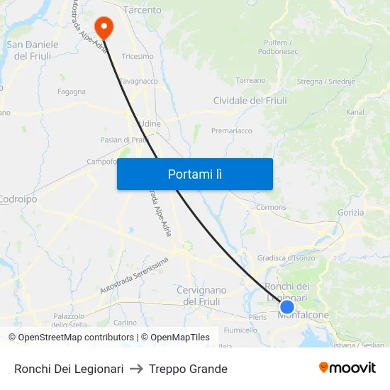 Ronchi Dei Legionari to Treppo Grande map