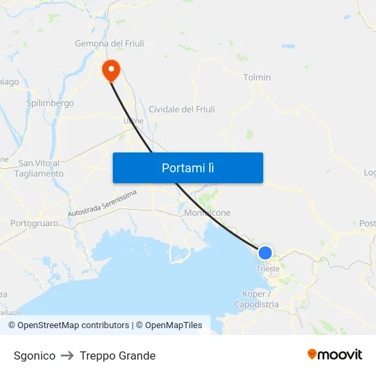 Sgonico to Treppo Grande map