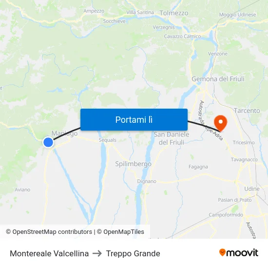 Montereale Valcellina to Treppo Grande map