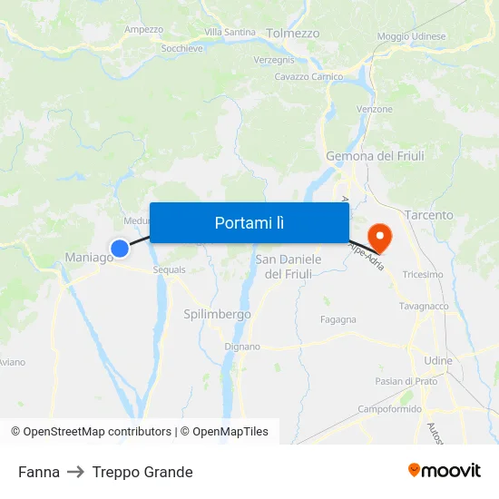Fanna to Treppo Grande map