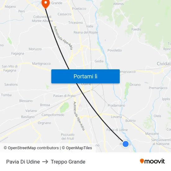 Pavia Di Udine to Treppo Grande map