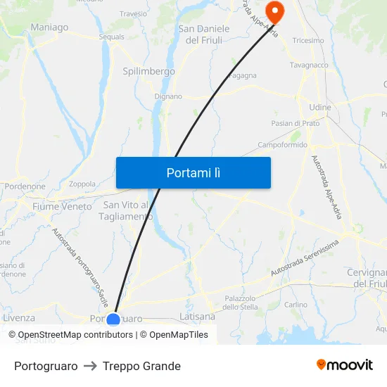 Portogruaro to Treppo Grande map