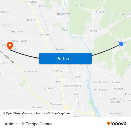 Attimis to Treppo Grande map