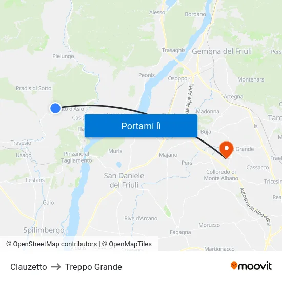 Clauzetto to Treppo Grande map