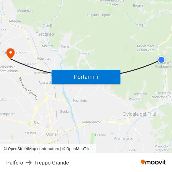 Pulfero to Treppo Grande map