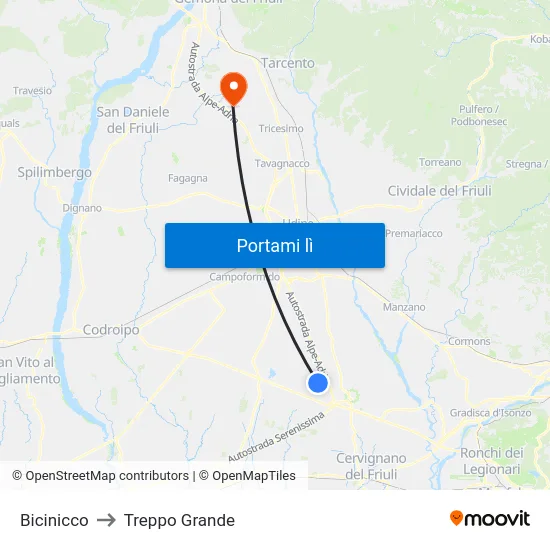 Bicinicco to Treppo Grande map