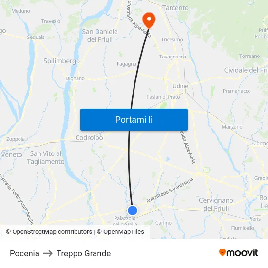 Pocenia to Treppo Grande map