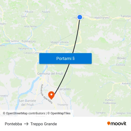 Pontebba to Treppo Grande map