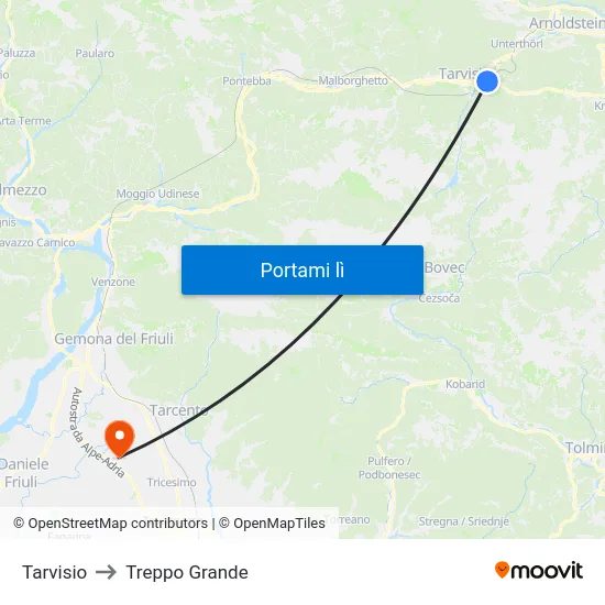 Tarvisio to Treppo Grande map