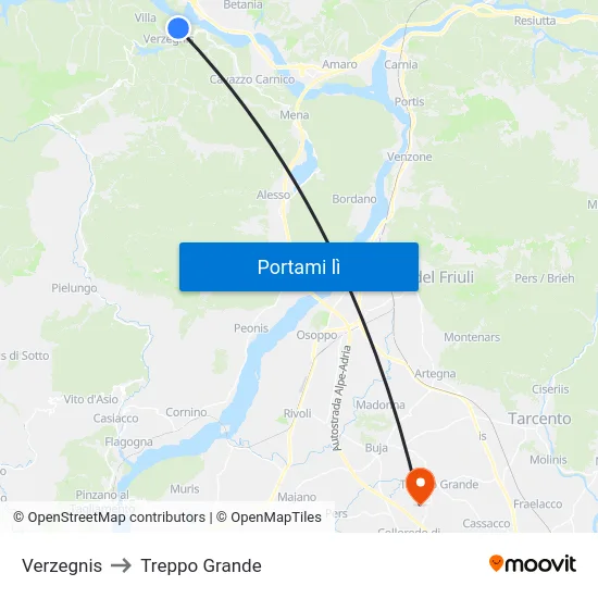 Verzegnis to Treppo Grande map