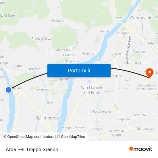 Arba to Treppo Grande map