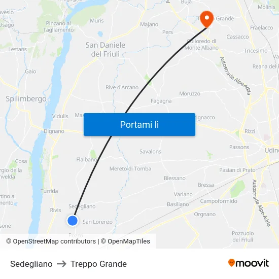 Sedegliano to Treppo Grande map