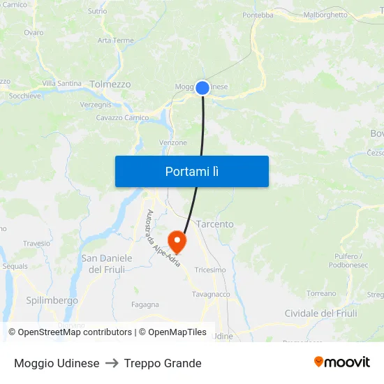 Moggio Udinese to Treppo Grande map