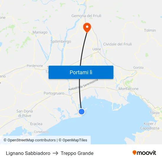 Lignano Sabbiadoro to Treppo Grande map