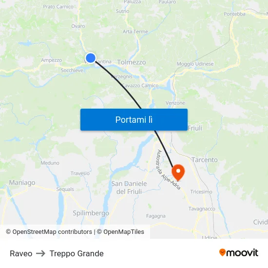 Raveo to Treppo Grande map