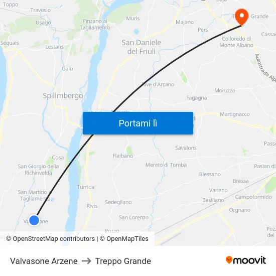 Valvasone Arzene to Treppo Grande map