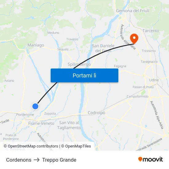Cordenons to Treppo Grande map