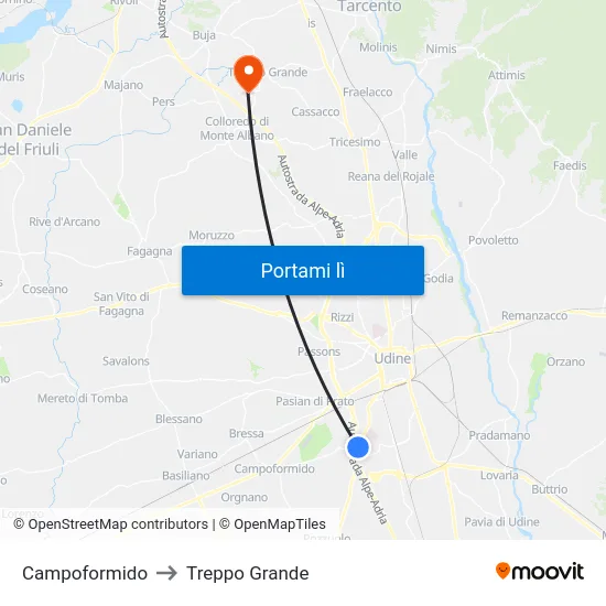 Campoformido to Treppo Grande map