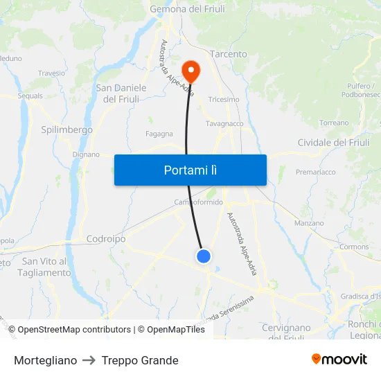 Mortegliano to Treppo Grande map