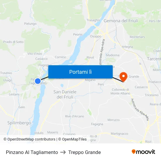 Pinzano Al Tagliamento to Treppo Grande map